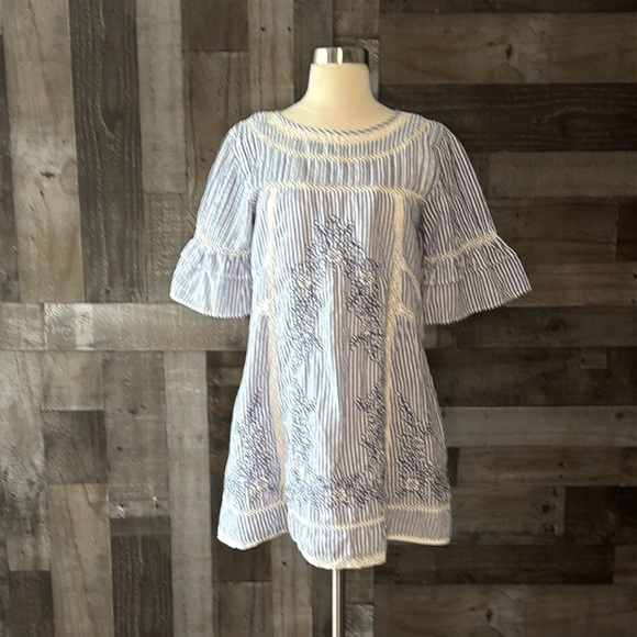 Free People peasant dress small oversized blue white stripes floral boho chic - Picture 14 of 14